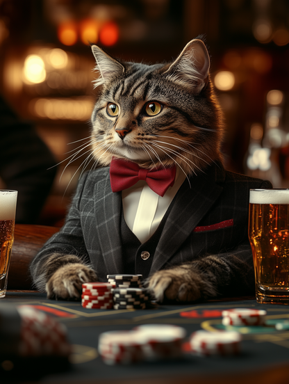 Custom casino pet portrait art | Pets in tuxedos drinking beer at the casino | Digital download