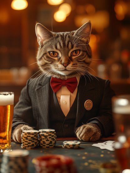 Custom casino pet portrait art | Pets in tuxedos drinking beer at the casino | Digital download