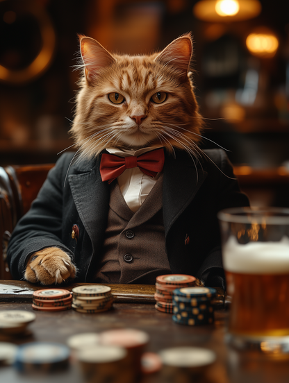 Custom casino pet portrait art | Pets in tuxedos drinking beer at the casino | Digital download