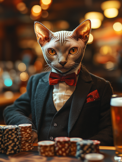 Custom casino pet portrait art | Pets in tuxedos drinking beer at the casino | Digital download