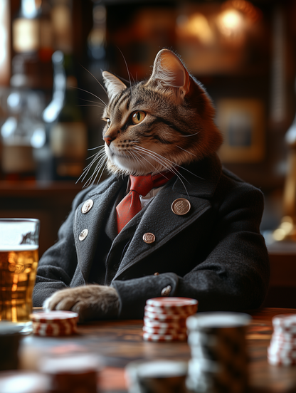 Custom casino pet portrait art | Pets in tuxedos drinking beer at the casino | Digital download