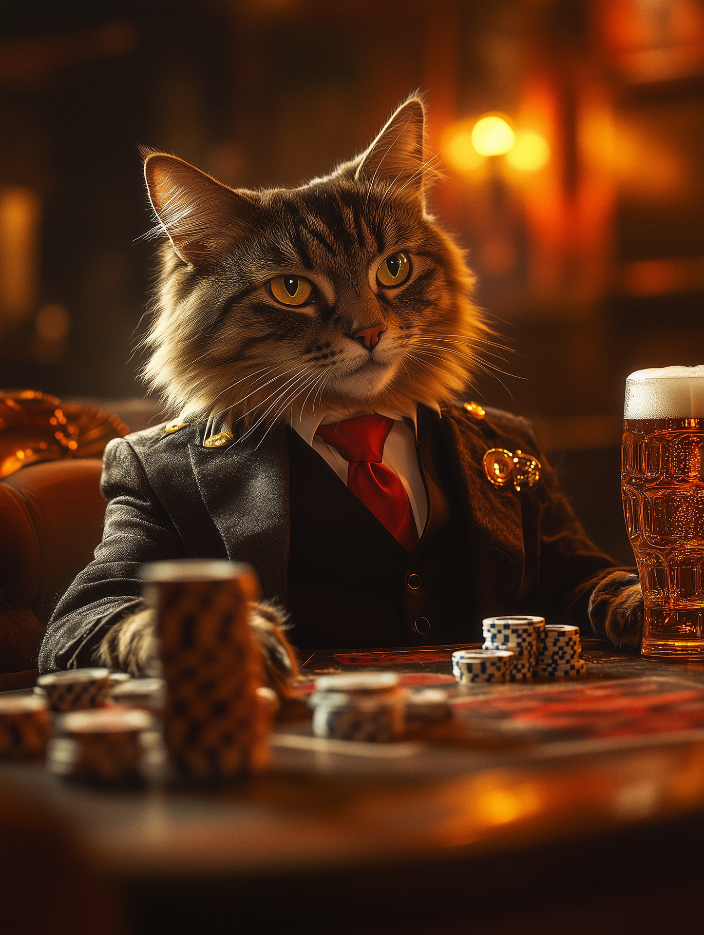 Custom casino pet portrait art | Pets in tuxedos drinking beer at the casino | Digital download