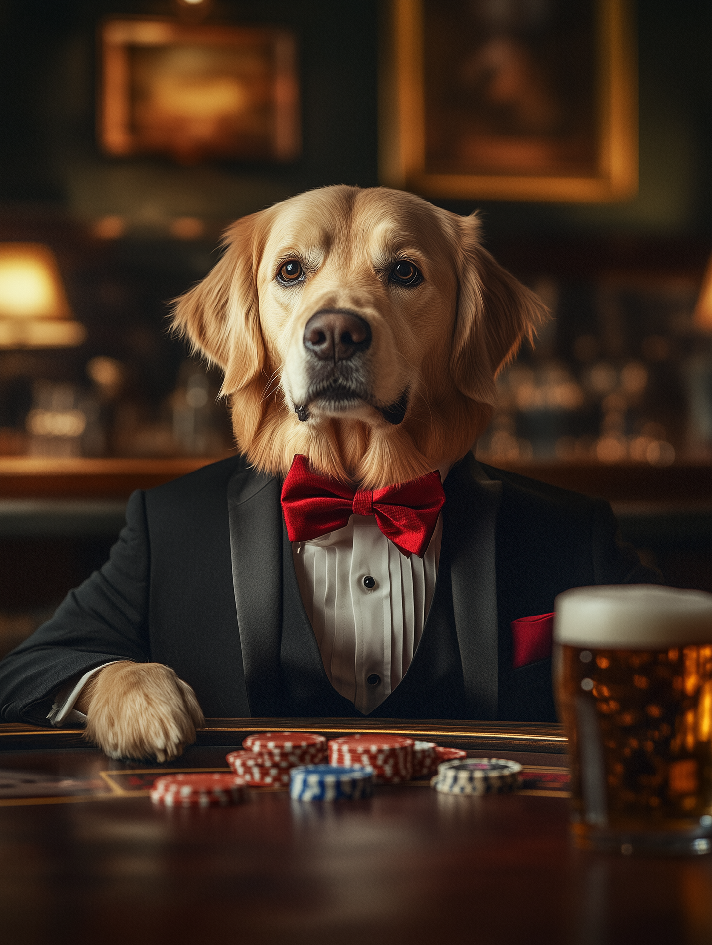 Custom casino pet portrait art | Pets in tuxedos drinking beer at the casino | Digital download