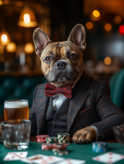 Custom casino pet portrait art | Pets in tuxedos drinking beer at the casino | Digital download