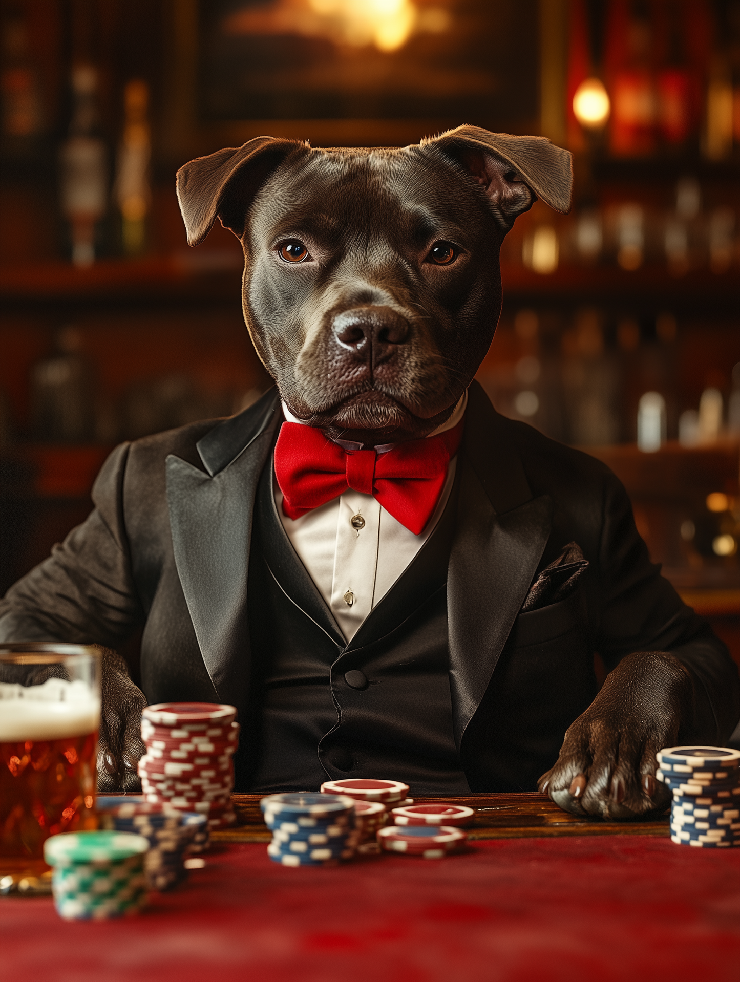 Custom casino pet portrait art | Pets in tuxedos drinking beer at the casino | Digital download