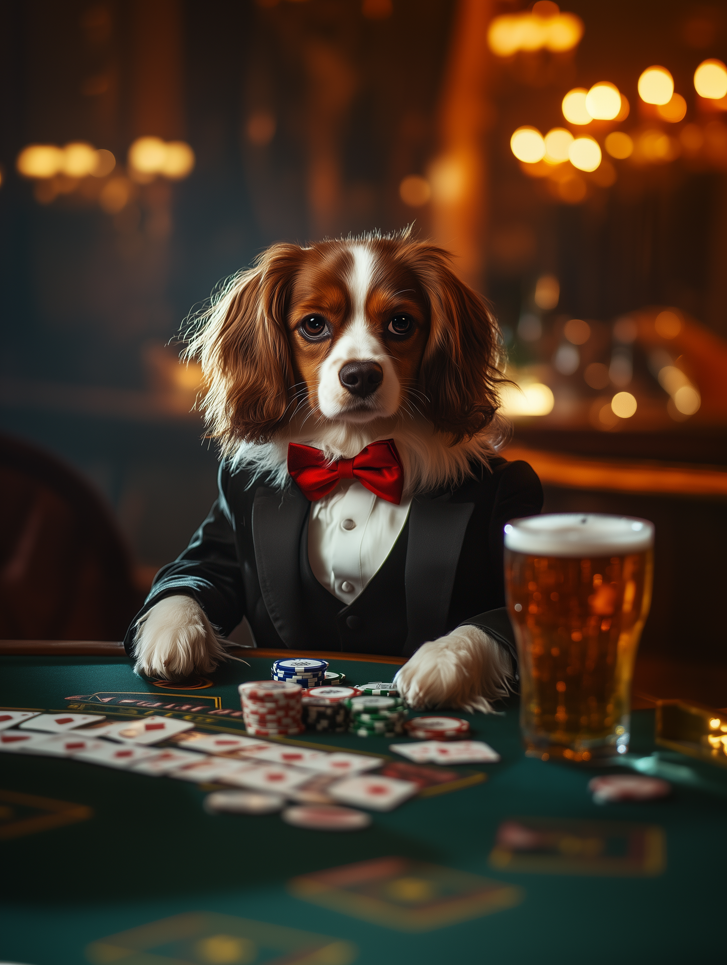 Custom casino pet portrait art | Pets in tuxedos drinking beer at the casino | Digital download