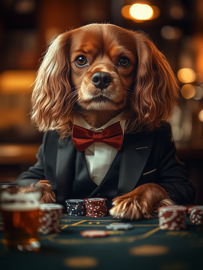 Custom casino pet portrait art | Pets in tuxedos drinking beer at the casino | Digital download