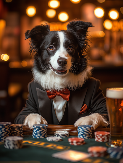 Custom casino pet portrait art | Pets in tuxedos drinking beer at the casino | Digital download