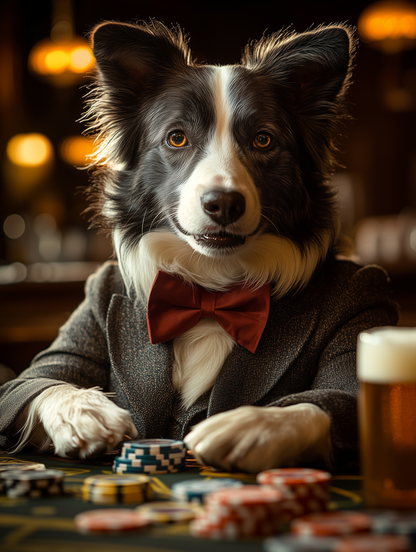 Custom casino pet portrait art | Pets in tuxedos drinking beer at the casino | Digital download