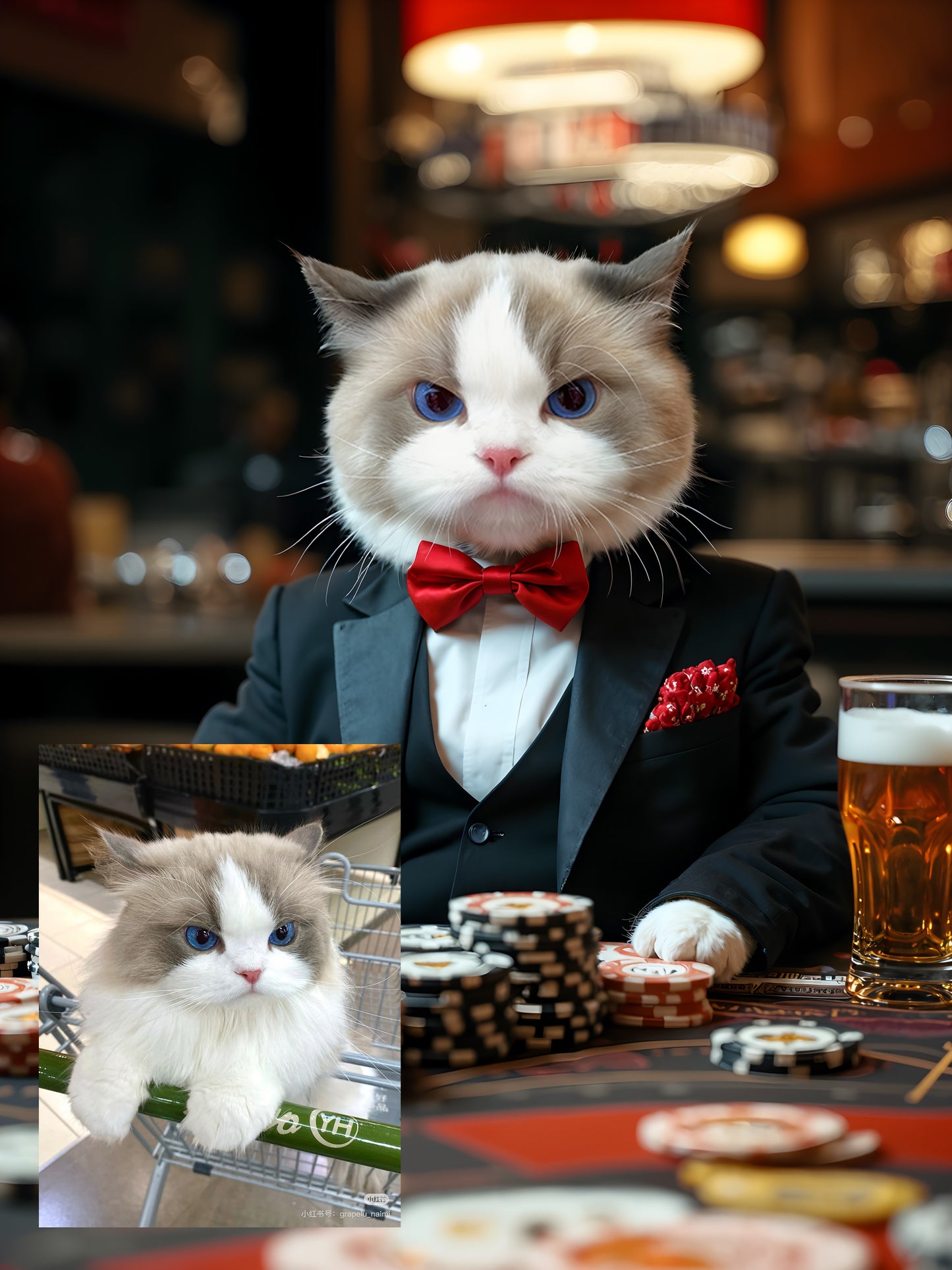 Custom casino pet portrait art | Pets in tuxedos drinking beer at the casino | Digital download