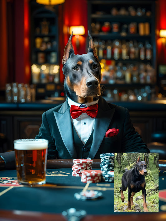 Custom casino pet portrait art | Pets in tuxedos drinking beer at the casino | Digital download