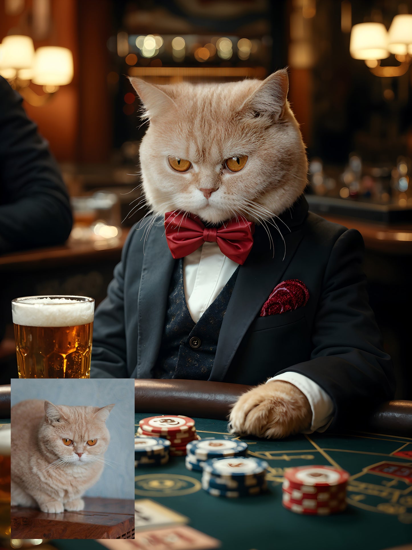 Custom casino pet portrait art | Pets in tuxedos drinking beer at the casino | Digital download